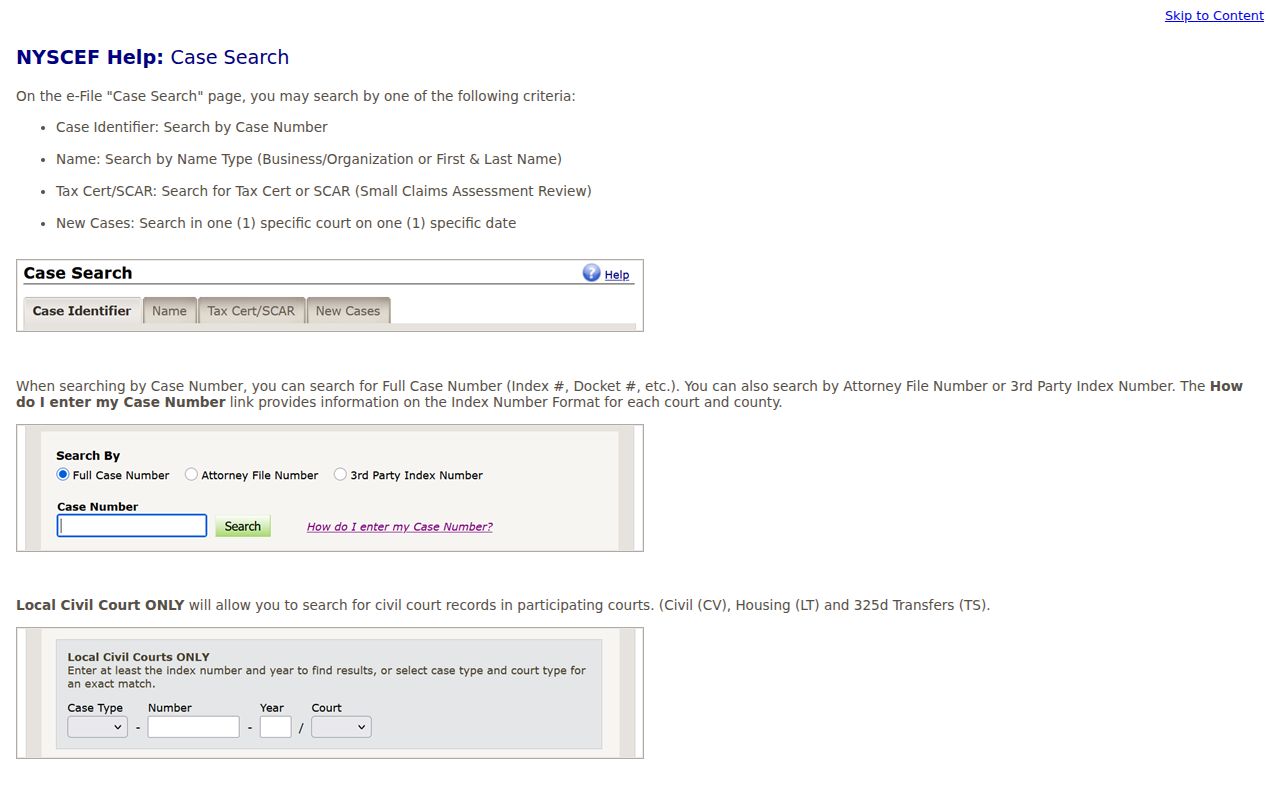 Carmel resident lookup image showing the NYSCEF court case search help
