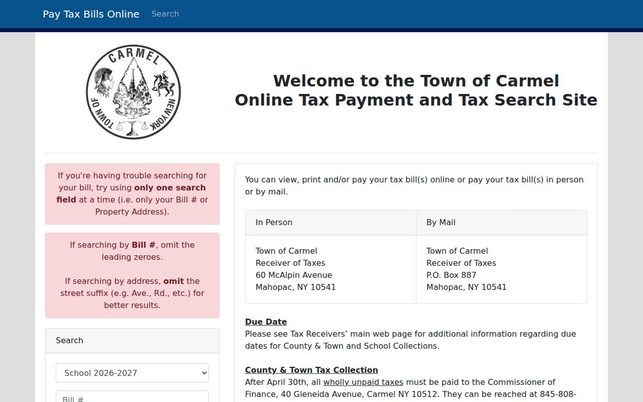 Carmel street directory tax-search fields for bill, tax map, and property address