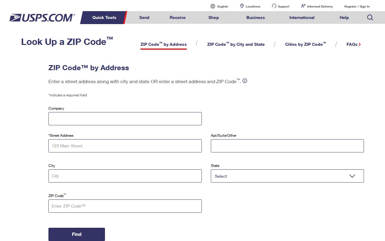 Carmel ZIP code directory USPS address lookup screen